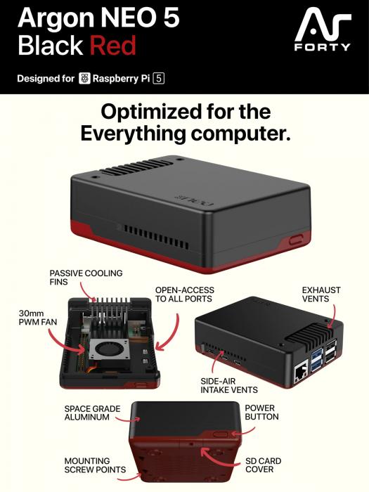 Argon NEO inbyggnadslda fr Raspberry Pi 5 svart/rd @ electrokit (11 av 11)