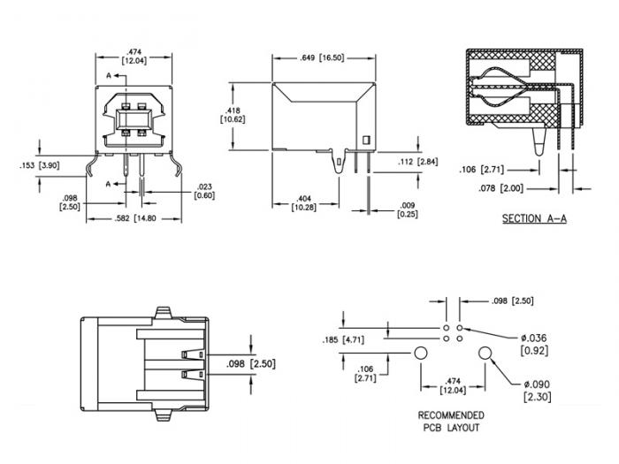 USB-B hona pcb vinklad @ electrokit (3 av 3)